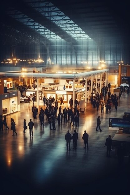 large exhibition hall bustling with attendees and various exhibition booths AI generated