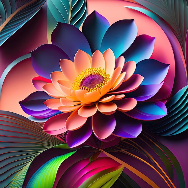 Large exotic flowers and neon light frame