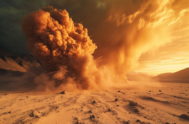 Photo a large explosion in a desert