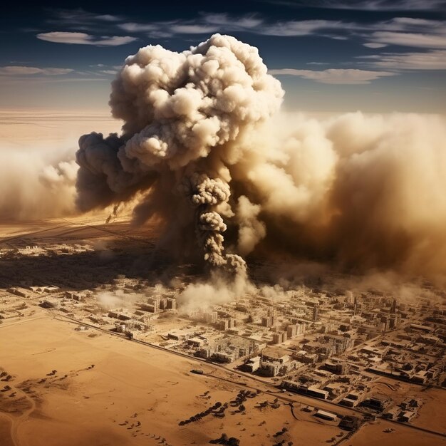 Photo large explosion in the middle of a desert city