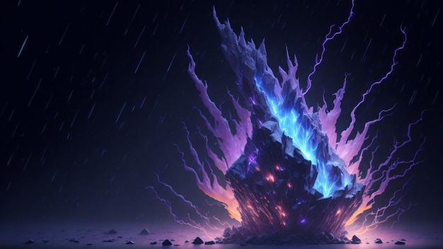 A large explosion in the rain with a purple and blue explosion in the background.