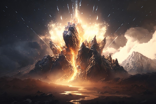 A large explosion in the sky with a mountain and a mountain in the background.