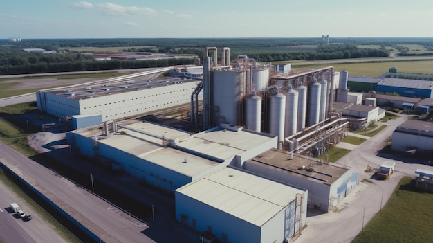 A large factory building with a large building in the background.