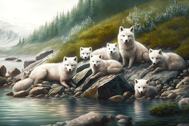 A large family of arctic fox relaxing at edge of river