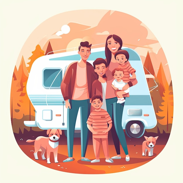 Large family with dogs travels in trailer on fall vacation generative ai