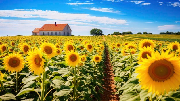 Large farm in beautiful countryside with sunflower fields in background