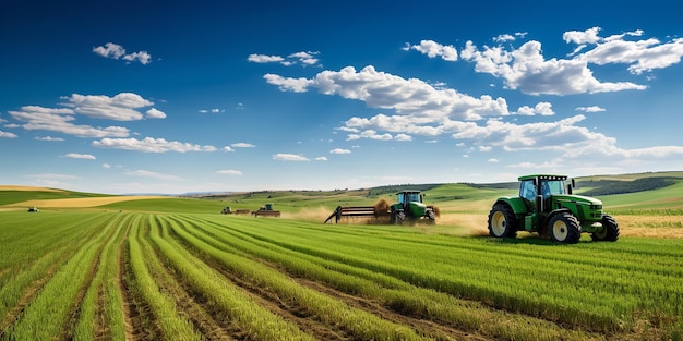 Large farms with tractors machines and land crops were used to produce food Generative Ai