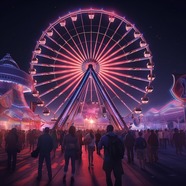 A large ferris wheel is lit up at night with a large ferris wheel in the background.