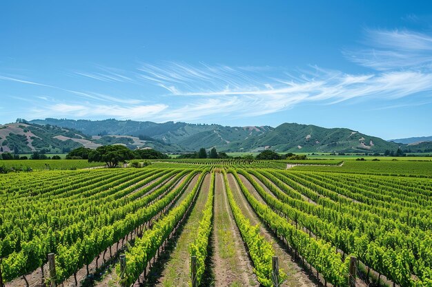 Большое поле зеленого винограда с чистым голубым небом на заднем плане