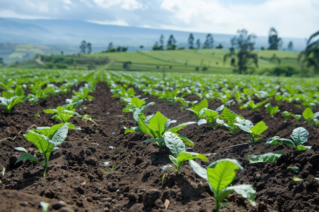 A large field of green plants with mountains in the background