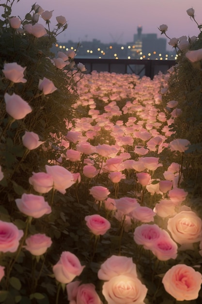 Большое поле роз окружено мостом, на котором написано «слово». "