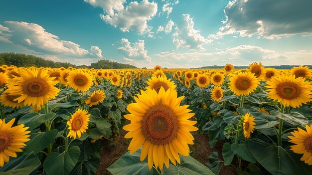 Foto un grande campo di girasoli sotto un cielo blu nuvoloso