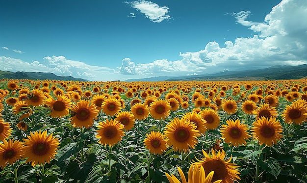 a large field of sunflowers with a mountain in the background