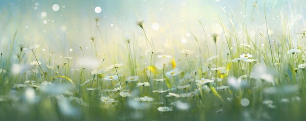 a large field with grass and flowers behind it