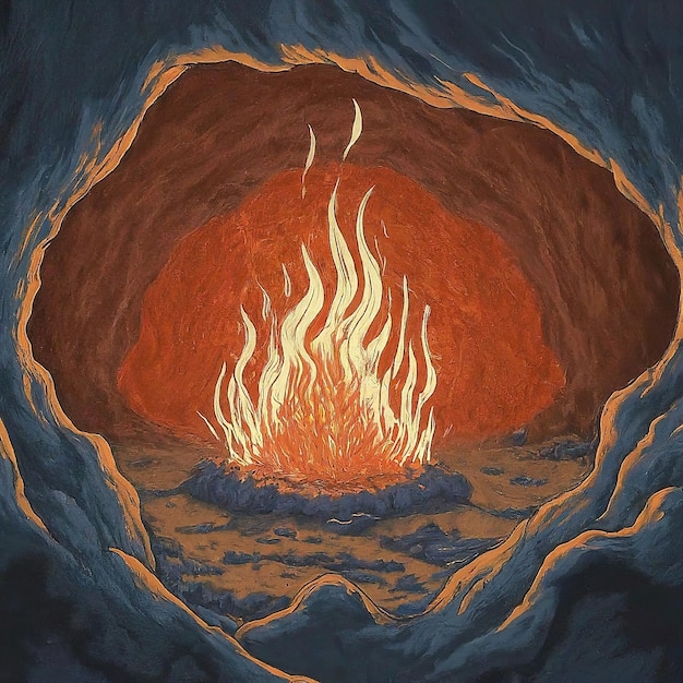 a large fire in a cave in the night