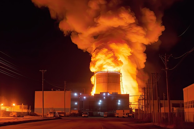 Large fire has broken out at a factory causing significant damage and posing a potential threat to nearby communities due to the release of toxic fumes Generative AI