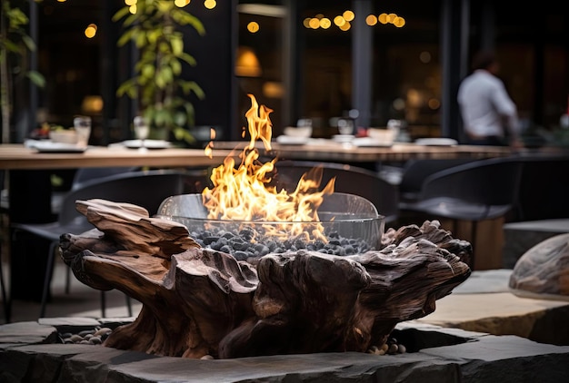 a large fire pit in the outdoor dining space in the style of fluid glass sculptures