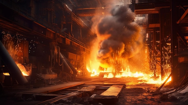 A large fire in a steel factory is burning.