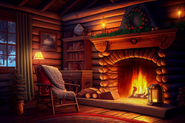 Large fireplace in a wooden house Generative AI Generative AI