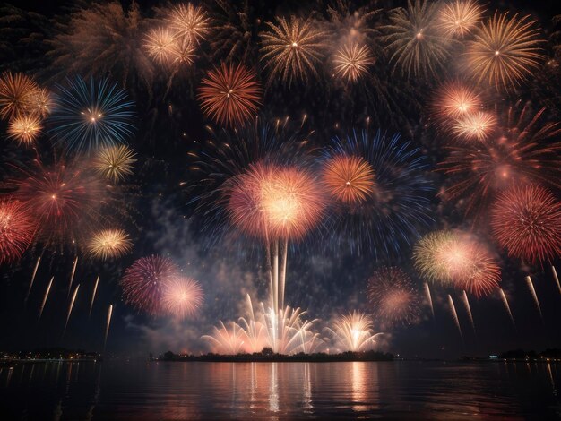 Foto un grande spettacolo di fuochi d'artificio su un corpo d'acqua con una barca in acqua