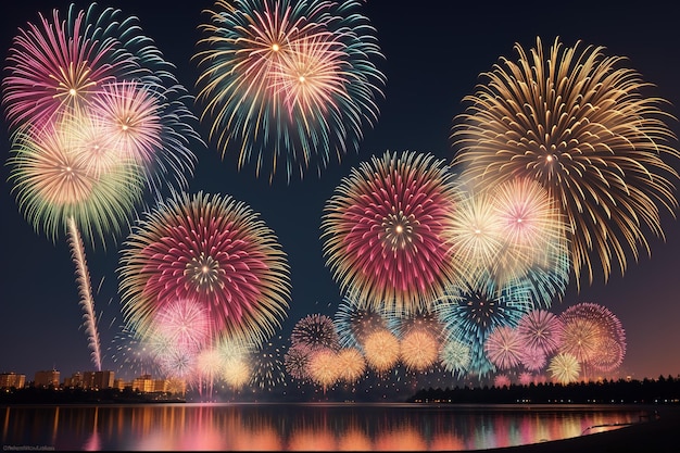 A large fireworks display is lit up with the word fireworks on it.