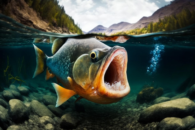 Large fish with its mouth open in the water Generative AI