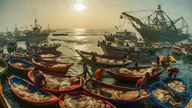 The large fisheries harbor full of boats and trawlers asia