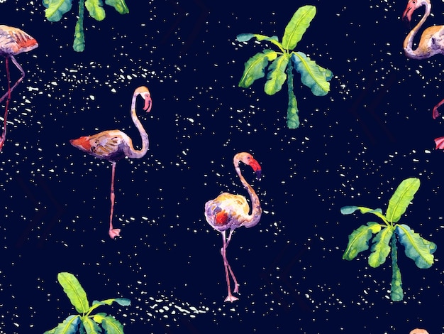 Фото Большой хипстерский фламинго зеленый гавайский бесшовный узор. летние тропические птицы акварелью бесконечный принт. минималистичный геометрический фон купальников с дикими птицами. горизонтальная плитка с фламинго.