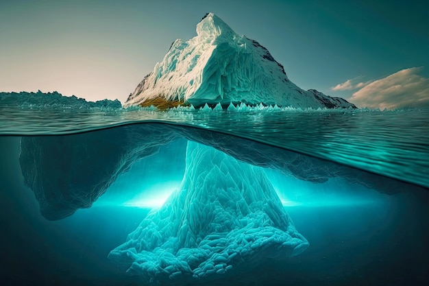 Large floating iceberg under water with blue glow approaches icy rock