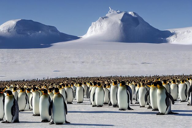 Large flock of emperor penguins gathered on ice floe on cold sunny day