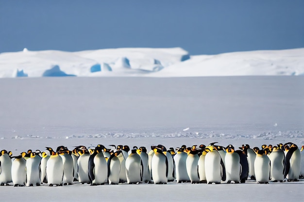 Large flock emperor penguins standing in snow playing snuggled up