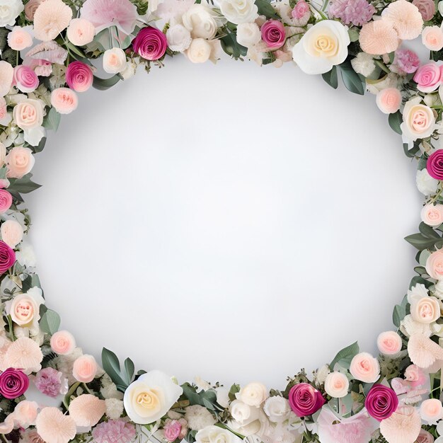 A large floral frame with pink and white flowers and leaves on it.