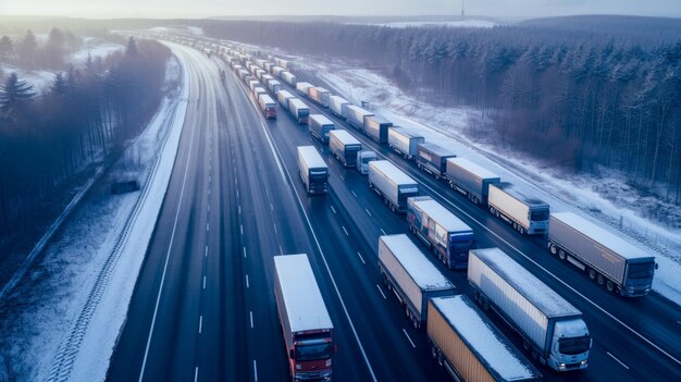 Large flow of trucks on the highway High quality photo