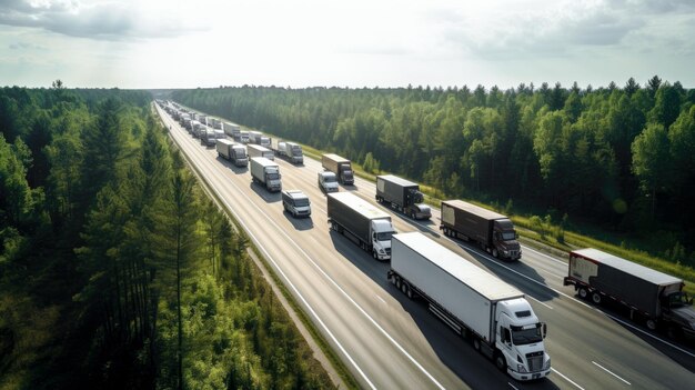 Large flow of trucks on the highway High quality photo