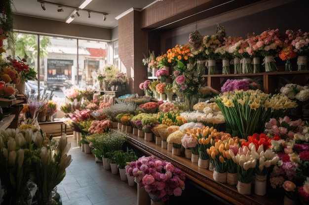 色とりどりの新鮮な花が並ぶ大型花屋