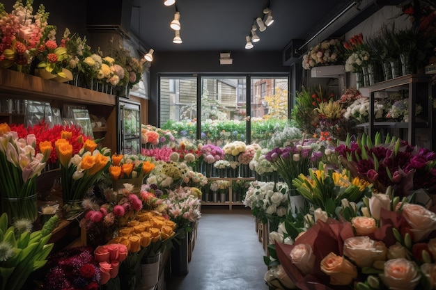 Large flower shop with variety of fresh and colorful flowers on display