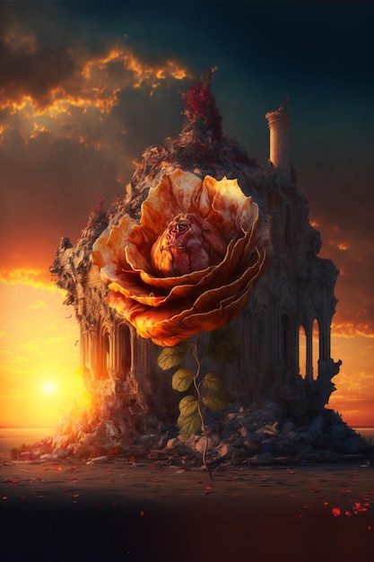 Large flower sitting on top of a pile of rubble generative ai