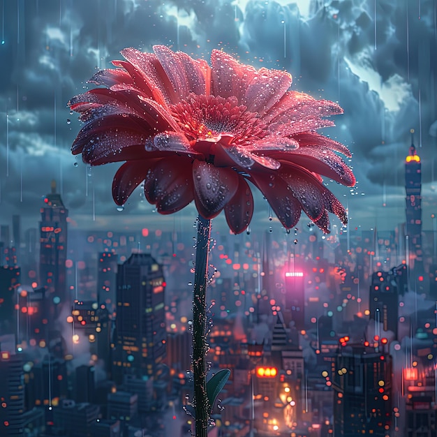 Foto un grande fiore che si trova in mezzo a una città