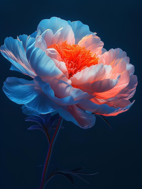 A large flower with a blue background and a red center in the center of the flower is a single stem