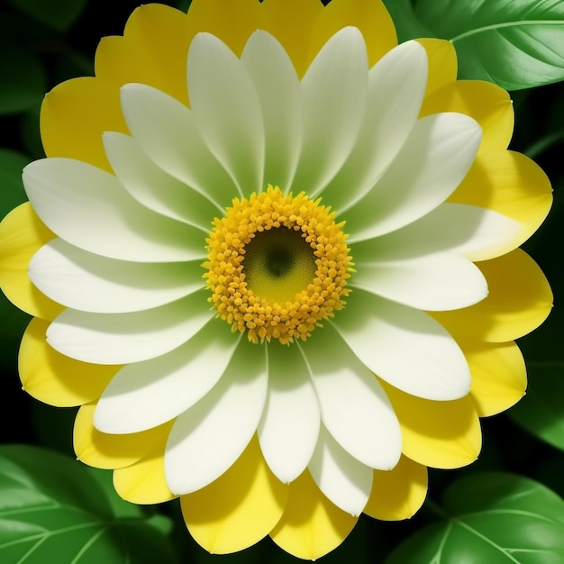 Large flower with white petals and a yellow center on green leaves Generative AI