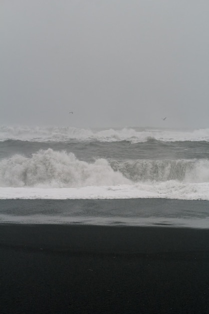 Large foamy waves on coast monochrome landscape photo