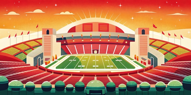 大きなフットボールスタジアムで明るい赤い座席と数十万人のファンのためのVIPボックスがあります