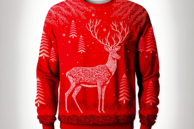 Large forest deer on red background with christmas trees sweater with christmas pattern