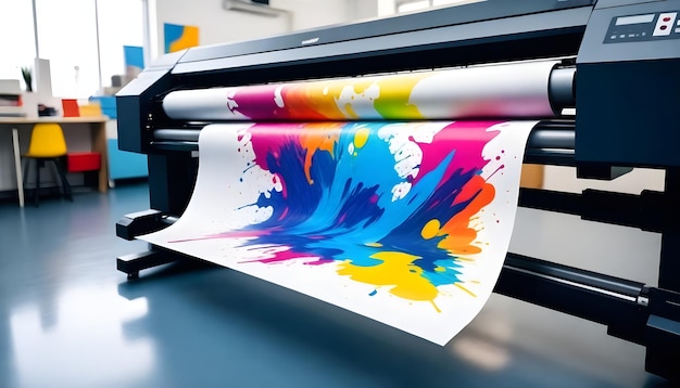 Фото Большоформатный принтер печатает красочный абстрактный рисунок на рулоне бумаги с ярким брызгом чернил