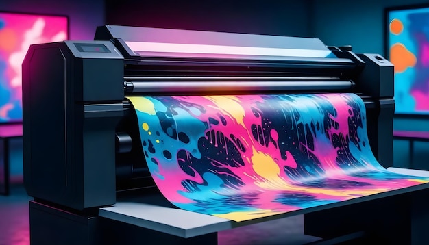 Photo large format printer printing a colorful abstract design on a roll of paper with vibrant ink splash