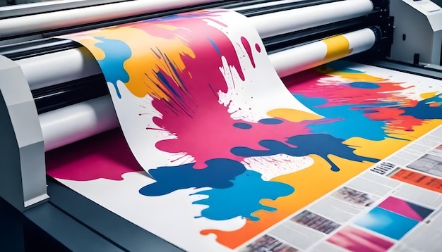 Photo large format printer printing a colorful abstract design on a roll of paper with vibrant ink splash