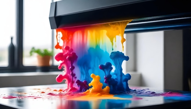 Foto stampante di grande formato che produce una stampa a spettro colorato vibrante con gocce di inchiostro visibili in aria
