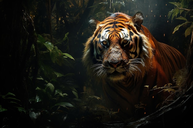 Большой и грозный тигр в глубоком лесу Дикие животные Иллюстрация Генеративный ИИ