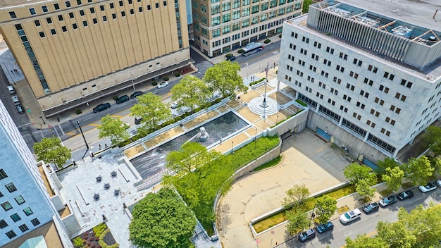 Large fountain with three jets in downtown Columbus Ohio aerial