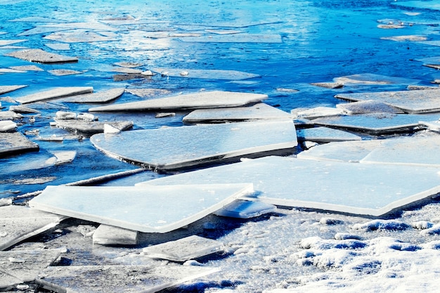 Large fragments of ice on the river, melting ice